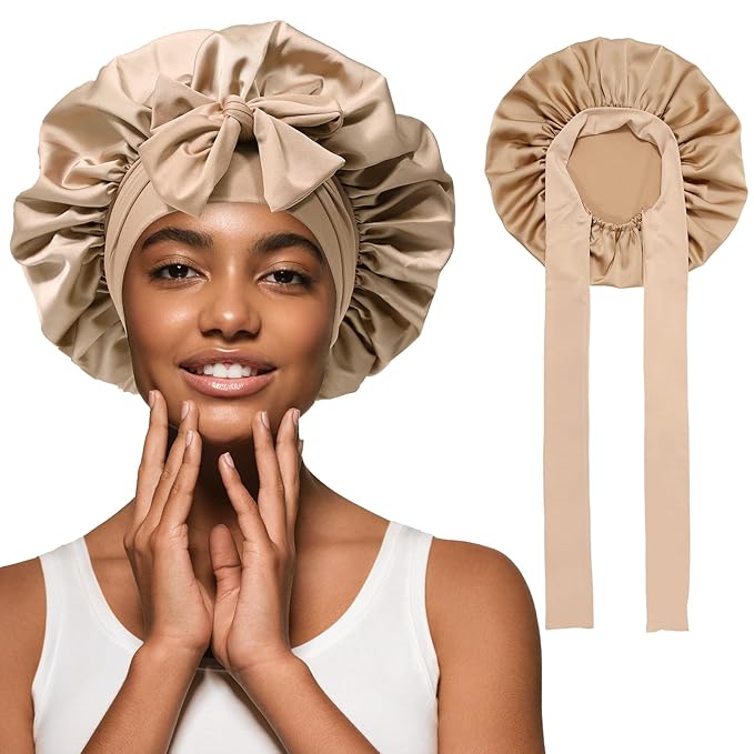 Satin Hair Bonnet Wide Band - Silk Like Sleeping Bonnets for Curly Hair Hair Wrap for Night Cap with Tie Band Breathable Satin Bonnet for Women and Girls (Coffee)