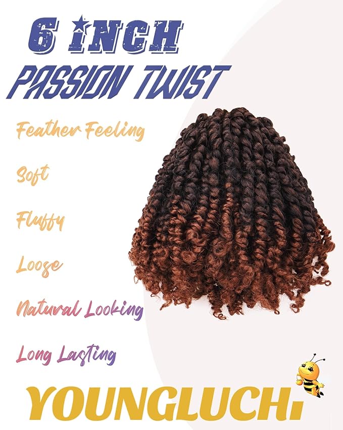 Passion Twist Crochet Hair for Black Women-7 Packs 6 Inches Ombre Brown Short Pre-twisted Pre Looped Crochet hair,Synthetic Braiding Hair Extensions(T1B/30)