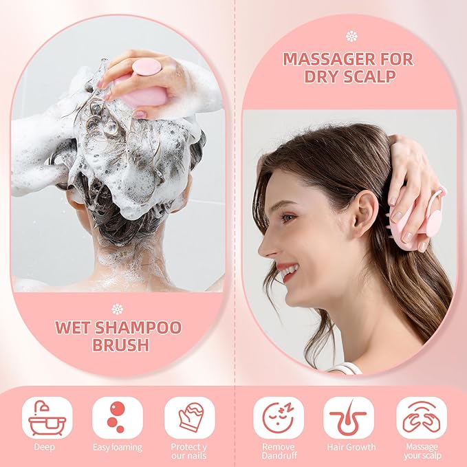 Scalp Massager Shampoo Brush, Scalp Scrubber with Soft Silicone Bristles, Scrubber Scalp Exfoliator for Dandruff Removal，Hair Grouth,Wet Dry Hair Massager Brush for All Hair (Pink)