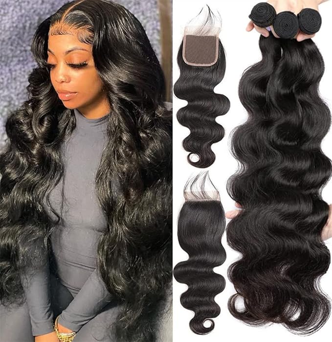 YISEA Body Wave 3 Bundles with Closure(12 14 16+10) 100% Unprocessed Brazilian Body Wave Human Hair Bundles with 4X4 Lace Closure Free Part Natural Color