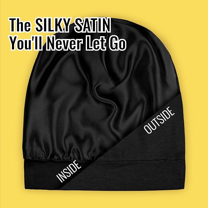 Satin Lined Sleep Cap and Scrunchie for Curly Hair and Braids, Stay On All Night Hair Wrap with Adjustable Strap for Women and Men, Black