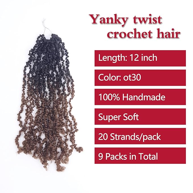 Yanky Twist Crochet Hair, PILLUGER Yaki Twists Hair Micro Spring Twist Braids,9 Packs Pre-looped passion Twist Brown Senegalese With Curls Crochet Synthetic Hair Extensions(OT30)