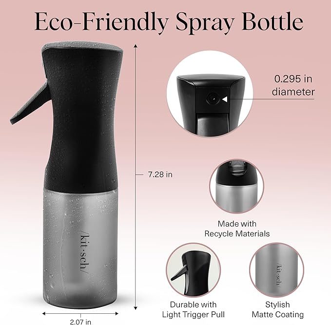 Kitsch Continuous Spray Bottle for Hair – Fine Mist Water Mister & Water Spray Bottle – Recycled Hair Spray Bottle – Spray Bottles for Cleaning, Styling, Plants & More – Black, 150ml