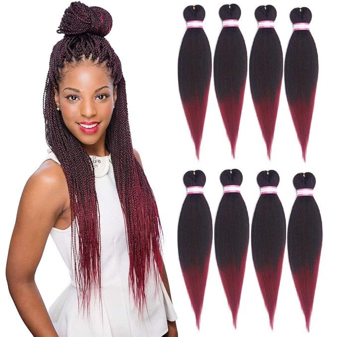 Dorsanee Ombre Burgundy Braiding Hair Pre Stretched 24 Inch 8 Packs Braiding Hair Extensions for Crochet Box Braids Twists Locs Hair Itch Free Soft Yaki Texture Hot Water Setting (24inch,#1B/Bug)