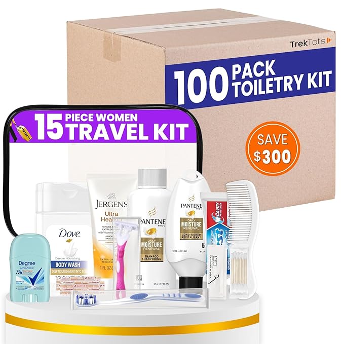 Trektote Bulk Hygiene Kit For Women – (100 Pack) 15 Piece Set – Featuring Top Trusted Brands, TSA Compliant, Bulk Travel Essentials, Includes Shampoo And Conditioner, Body Wash, Toiletry Bag & More