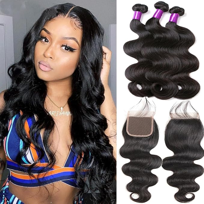 YISEA 12A Body Wave Bundles with Closure Brazilian Human Hair 4 Bundles with 4x4 Lace Closure（14 16 18 20+12）Body Wave 100% Unprocessed Virgin Hair Free Part Natural Black Color