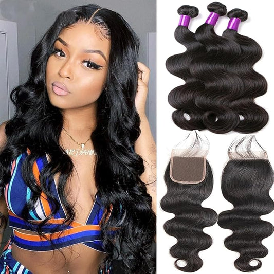 YISEA 12A Body Wave Bundles with Closure Brazilian Human Hair 4 Bundles with 4x4 Lace Closure（14 16 18 20+12）Body Wave 100% Unprocessed Virgin Hair Free Part Natural Black Color
