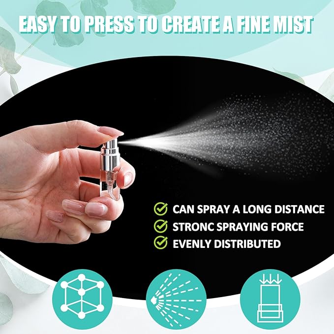 Zhehao 50 Pcs Mini Spray Bottles 2 ml Clear Glass Perfume Bottles Refillable Fine Mist Perfume Atomizer Portable Empty Sample Containers for Cleaning, Essential Oils, Travel (Silver Cap)