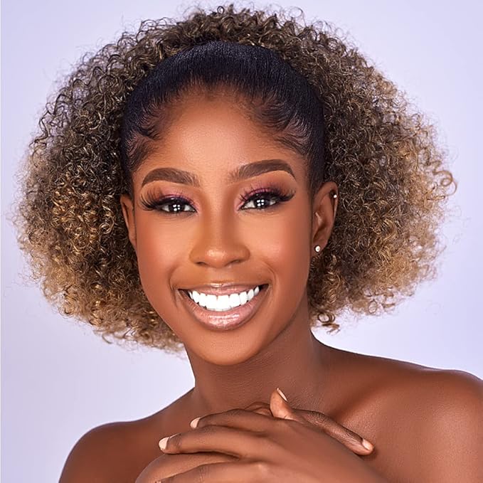 Afro Puff kinky curly Drawstring Ponytail Extension for Black Women Synthetic Short Afro Kinkys Curly Afro Bun Extension Hairpieces Updo Hair Extensions with Two Clips(T27#)