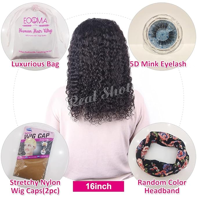 Eooma Curly Headband wig Human Hair 16 inch No Gel Kinky Curly Headband Wigs for Black Women 180 Density Scarf None Lace Front Wigs Human Hair