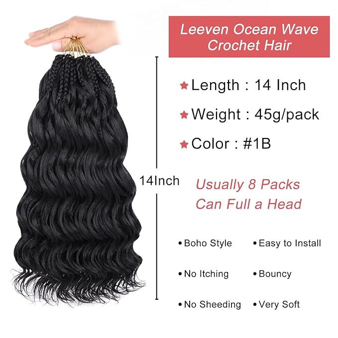 Leeven 14 Inch Pre Looped Ocean Wave Crochet Braids 8 Packs Black Short Curly Crochet Hair Boho Ocean Braids Pre Twisted Synthetic Deep Wavy Crochet Hair for Women