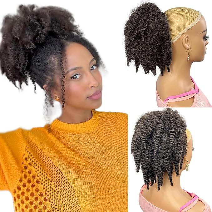 Short Marley Hair Drawstring Ponytail | 12" Afro Kinky Curl Clip-in Ponytail Extension for Black Women – Natural 4C Texture, Costume & Everyday Style (#4-Dark Brown)