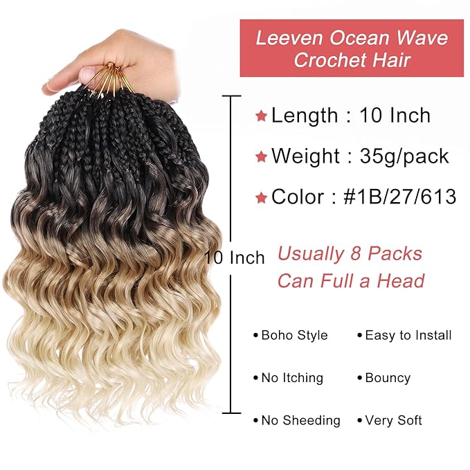 Leeven 10 Inch Pre Looped Ocean Wave Crochet Hair 8 Packs Boho Ocean Braids 3 Tone Ombre Blonde Short Curly Crochet Hair Pre Twisted Synthetic Deep Wavy Crochet Hair for Women