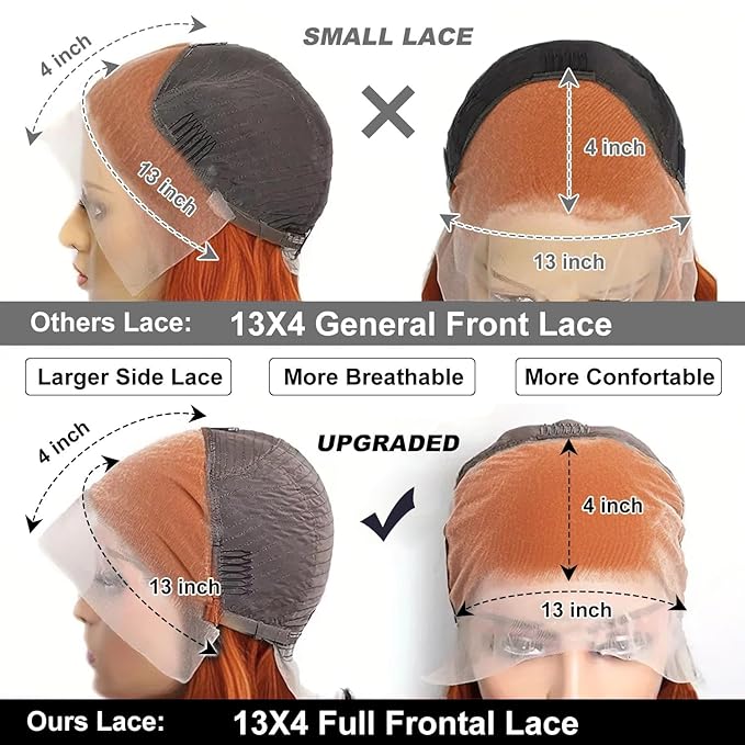 250% Density Ginger Bob Wig Human Hair 13x4 HD Lace Closure Wig Orange Bob Human Hair Wig with Baby Hair Short Straight Bob Colored Wig for Women 10 Inch