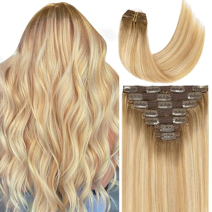 Caliee Hair Extensions Clip in Human Hair 16 Inch Invisible Double Weft Lace Clip in Hair Extenisons for Full Head 120 G Balayage Light Brown to Light Golden Blonde Mixed Platinum Blonde Straight Hair