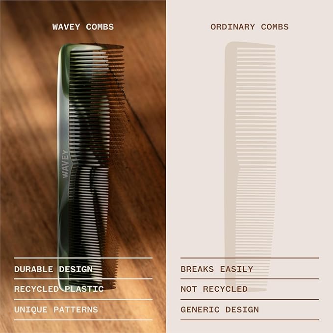 WAVEY Quality Hair Comb for Men and Women, Recycled Ocean Plastic, 7 Inches length perfect for home and travel, Wide and Fine Tooth for thick, thin, wavy, straight and curly hair styling - GREEN