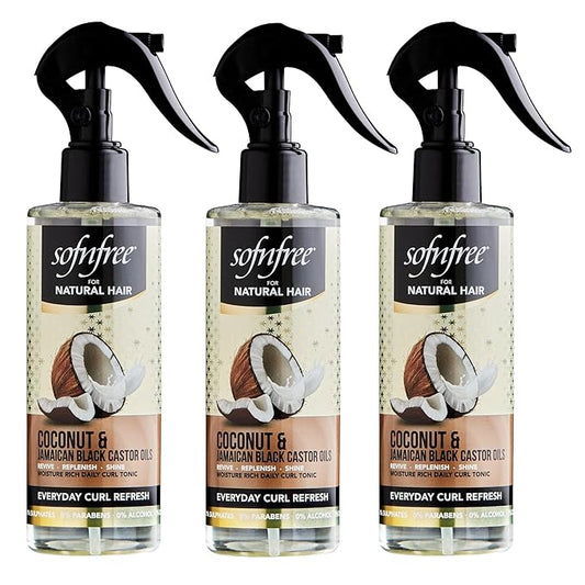 Sofn'free Coconut & Jamaican Black Castor Oil Curl Refresher Spray - Everyday Volumizer and Moisturizer for Styling Dry, Coily or Curly Hair, 8.12 Fl Oz (Pack of 3)