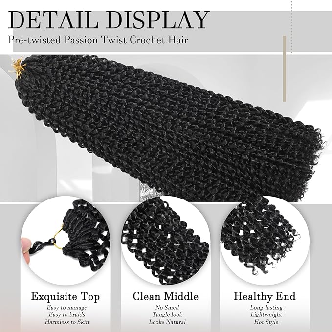 Passion Twist Hair 12 Inch 8 Packs Water Wave Crochet Hair Bohemian Braiding Hair Pre Looped Crochet Braids Hair Extensions for Black Women （1B Black#）