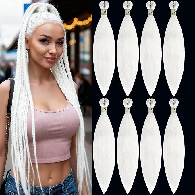 Pre Stretched Braiding Hair With Yaki Texture, Professional Hair Extension for Corochet Braid (White, 24inch（pack of 8）)