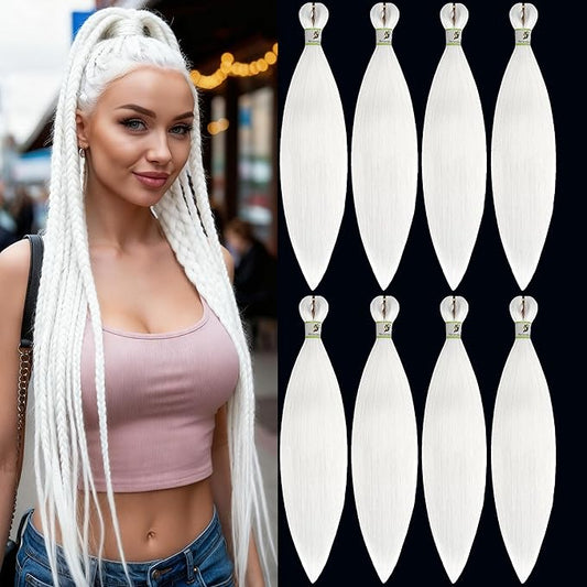 Pre Stretched Braiding Hair With Yaki Texture, Professional Hair Extension for Corochet Braid (White, 24inch（pack of 8）)
