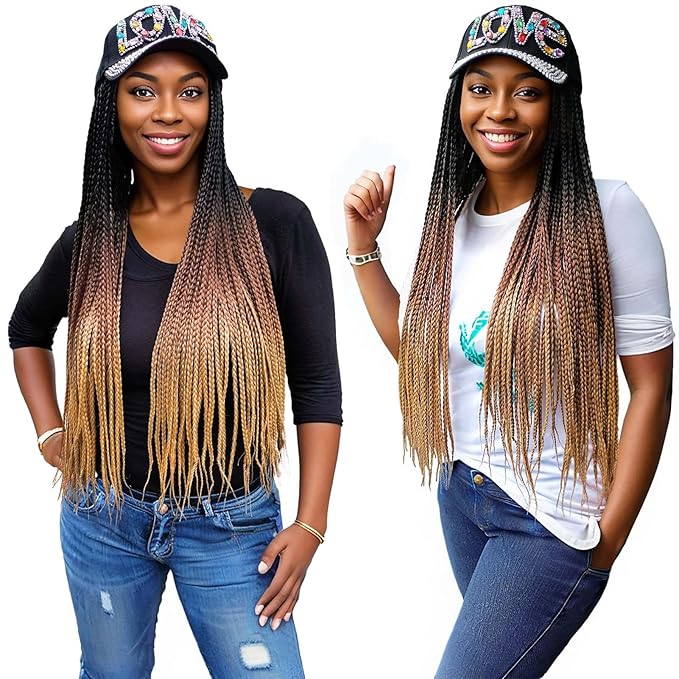 24" Box Braid Hair Extensions 100 Strands Gradient Brown, Rhinestone 'LOVE' Cap Wig for Women Girls Easy Style