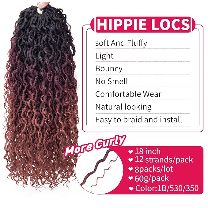Goddess Locs Crochet Hair 18Inch 8Packs Crochet Locs,Boho Faux Locs With Curly Ends River Hippie Locs Bohemian Locs Crochet Braids for Black Women(1B/530/350, 18inch(Pack of 8))