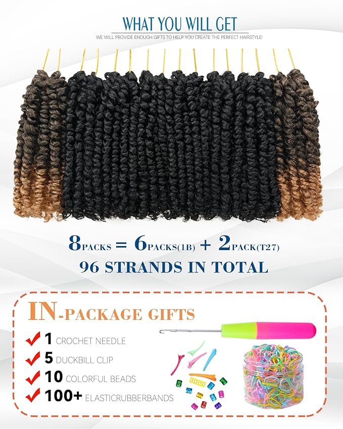 8 Inches 8 Packs Passion Twist Crochet Hair-Mixed Color Combination Package(6 packs 1B+2 pack T27),Pre-twisted Pre Looped Synthetic Spring Kinky Twist Hair Extensions(8"-8 Packs,1B+T27)