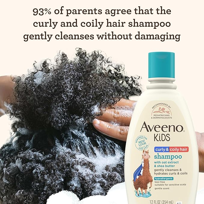 Aveeno Kids Curly & Coily Hair Shampoo, Hydrating Shampoo for Type 3 & 4 Hair, Kids Curly Hair Products suitable for Sensitive Scalps with Oat Extract & Shea Butter, Paraben-Free, 12 fl. oz