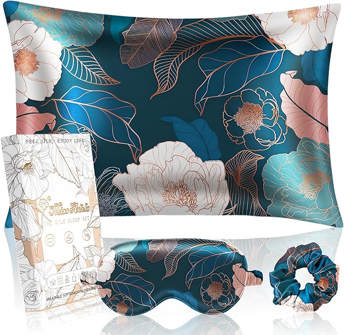 Mulberry Silk Pillow Case for Hair and Skin 19 Momme Standard 26"x20" Dark Blue Peony Silk Pillowcase with Eye Mask & Scrunchie Soft Silk Pillowcase Sleeping for Moms, Women