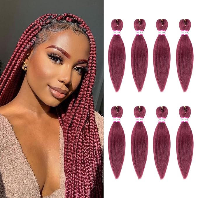 Burgundy Braiding Hair Pre Stretched 12 Inch 8 Packs Braiding Hair Extensions for Box Braids Twists Locs Hair Itch Free Soft Yaki Texture Hot Water Setting (12inch,#Burgundy)