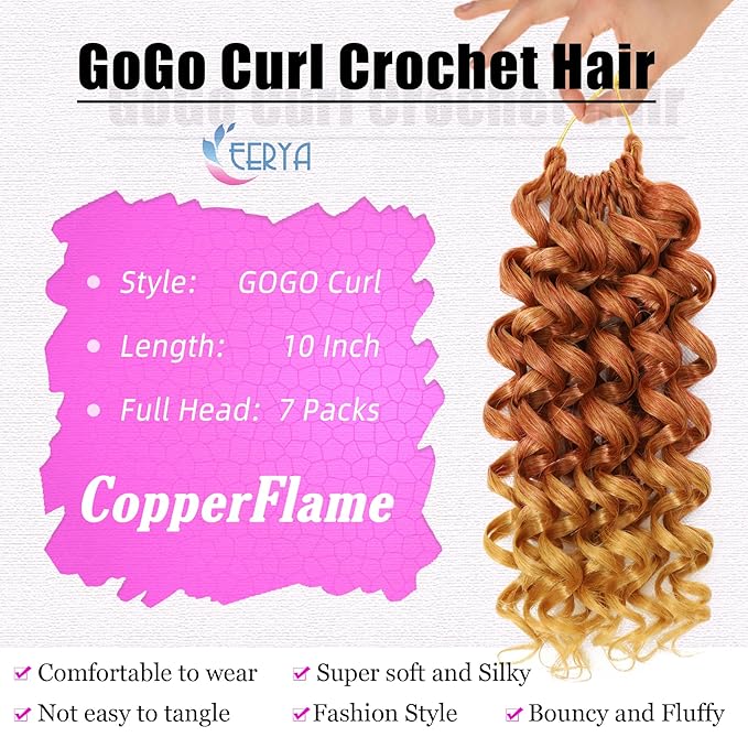 7 Packs GoGo Curl Crochet Hair 10 Inch Short Curly Crochet Hair for Women Deep Wave Beach Curl Crochet Braids Synthetic Braiding Hair Extensions(10 Inch, #Copper Flame)
