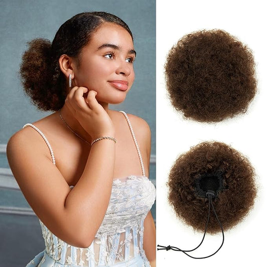 Natural Afro Puffs Real Human Hair Ponytail for Black Women 6Inch Short Kinky Curly Ponytail Extension Cheer Wedding Drawstring Ponytail Fake Hair Bun Updo down African American 4c Buns Dark Brown 40g