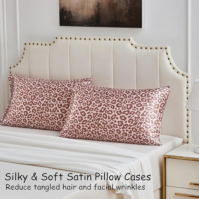 Satin Pillowcase for Hair and Skin, Soft and Cooling Similar to Silk Pillow Cases 2 Pack with Envelope Closure Standard Size Satin Pillow Covers, Gift for Women(20"x26", Leopard, Pink)