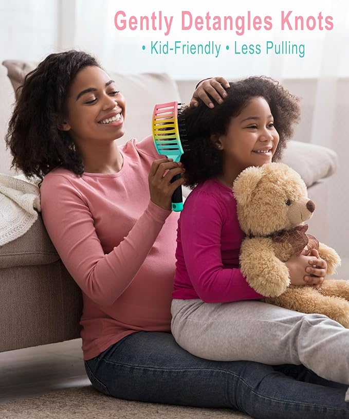 KTKUDY Detangling Brush Boar Bristles Hairbrush Make Hair Shiny & Healthier Curved and Vented Detangler Brush for Women Men Kids Wet & Dry Hair (Rainbow)
