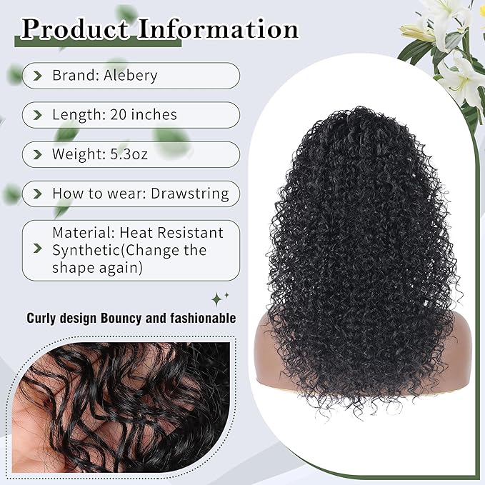 20 Inch Drawstring Ponytail Extension for Black Women Deep Curly Ponytail Extension Synthetic Mixed with Human Hair Hairpieces Afro Kinky Curly Pony Tail for Daily Use (Black)