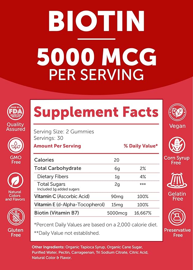 Lunakai USA Made Biotin Gummies 5000mcg with Vitamin C & E - Delicious Hair Skin Nails Vitamins for Women, Non-GMO, Hair Growth Supplement, 60 Ct