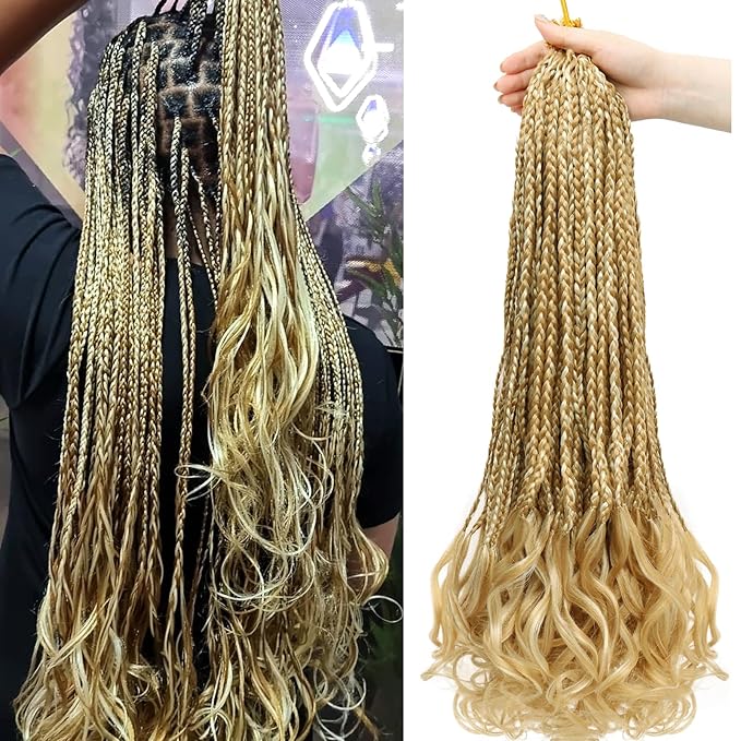French Curl Crochet Braids 24 Inch 8 Packs Goddess Box Braids Crochet Hair for Women Pre Looped Crochet Box Braid with Curly Ends Synthetic French Curly Braiding Hair Extensions (P27/613)