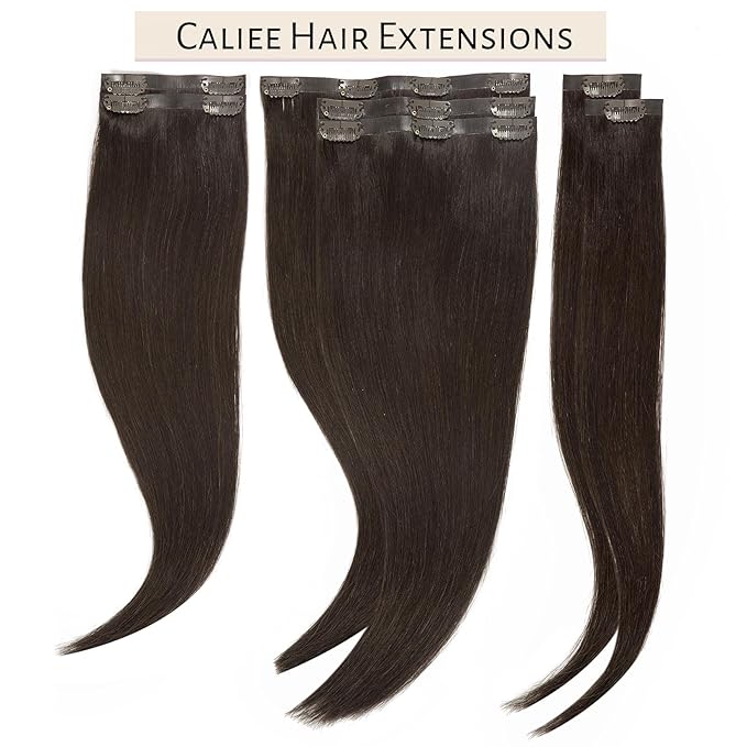 Caliee Seamless Clip in Hair Extensions 2A Light Dark Brown Clip in Remy Human Hair Extensions Invisible PU Skin Weft Natural Straight Hair 14Inch 110G 7Pcs Clip in Hair Extensions for Woman
