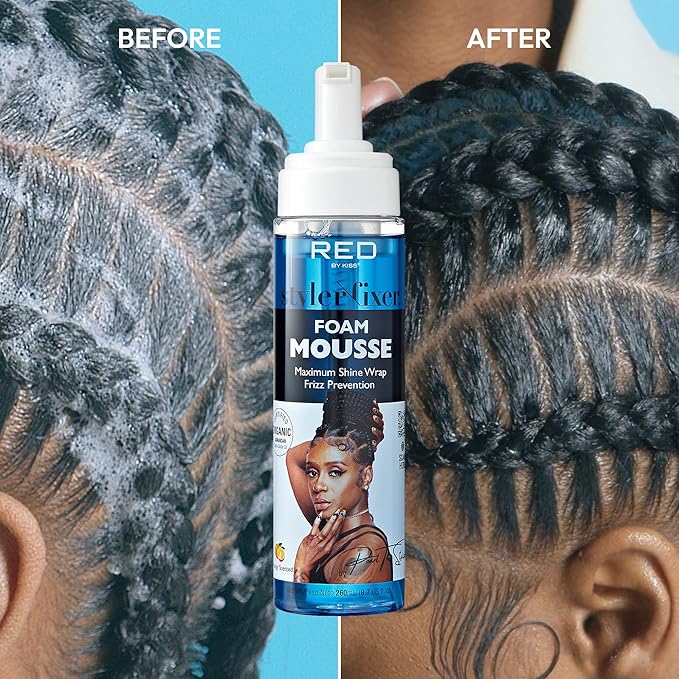 Red by Kiss Foaming Mousse, Maximum Shine Wrap Mousse, Reduce & Prevent Frizz, Define Curls, Hold Styles, Nourishes Dry and Crips Hair, Enriched with Organic Jamaican Black Castor Oil