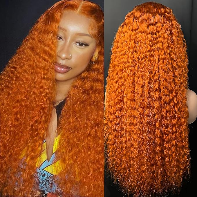 13x6 Ginger Orange Deep Wave Lace Front Wigs Human Hair Pre Plucked 210% Density Curly HD Lace Front Wig Human Hair 350 Ginger Wig Human Hair Glueless Wigs for Women 24Inch