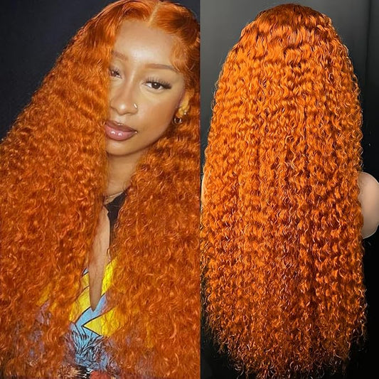 13x6 Ginger Orange Deep Wave Lace Front Wigs Human Hair Pre Plucked 210% Density Curly HD Lace Front Wig Human Hair 350 Ginger Wig Human Hair Glueless Wigs for Women 24Inch