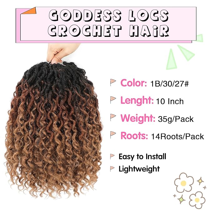 Fulcrum Goddess Locs Crochet Hair 10 Inch, 8 Packs New Faux Locs Crochet Hair for Black Women, Crochet locs with Curly Ends (10Inch (Pack of 8), 1B/30/27#)