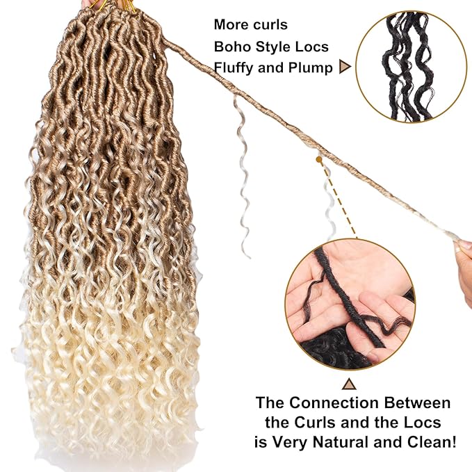 COOKOO 24 Inch Goddess Locs Crochet Hair 8 Packs Blonde Faux Locs Crochet Hair for Black Women Pre Looped River Locs Crochet Hair with Curls Bohemian Locs Synthetic Hair Extensions 27/613#