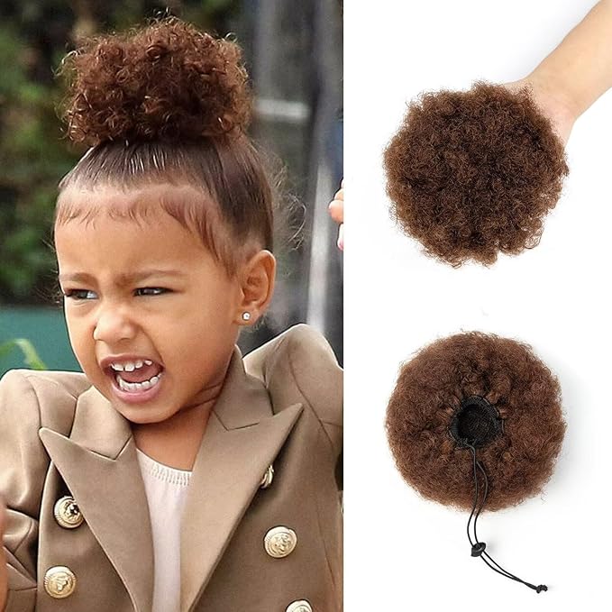 Afro Puff Ponytail for Black Women 100% Human Hair Ponytail Extension Short Updo Hair Buns Small Size Curly Ponytail for Little Girls 2 Clips 4 Inch Medium Brown Color