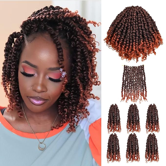Super Short Passion Twist Crochet Hair for Black Women and Kids-6 Inch 7 Packs Ombre Ginger Pre Looped Pre-twisted Passion Twist Hair,Bob Spring Kinky Twist Bohemian Curl(6"-7P,T350)
