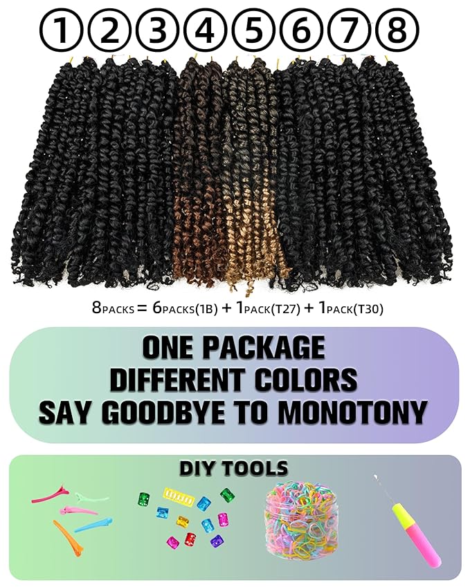 14 Inch 8 Packs Passion Twist Crochet Hair Pre looped-Mixed Color Combo Pack(6 packs 1B+ 1 pack T1B/27+1 pack T1B/30)Pre-twisted Pre Looped Soft & Bouncy Synthetic Braided Hair Extensions (1B+T27+T30)