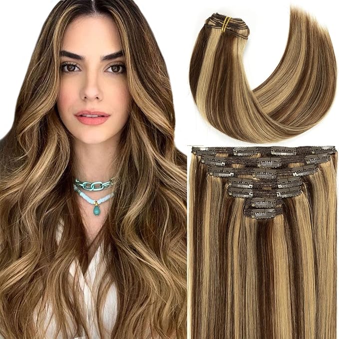 Caliee Remy Hair Extensions Clip in Human Hair Silky Straight for Full Head Clip in Extensions Human Hair Natural Thick Ends Highlighted Color P4/12 Brown Clip in Hair Extensions 22Inch 140G