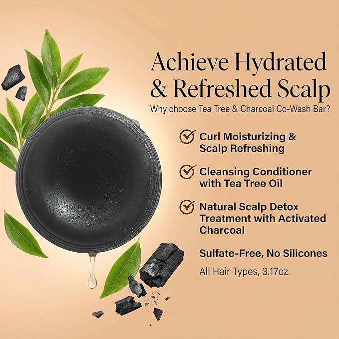 BEAUTE SEOUL Co-Wash Conditioner Bar for Curly Hair - Tea Tree & Charcoal Solid Cleanser for Dry Scalp, Buildup Removal & Moisture – Sulfate-Free, No Silicones, All Hair Types, 3.17oz | Soft Scalp Care Bar