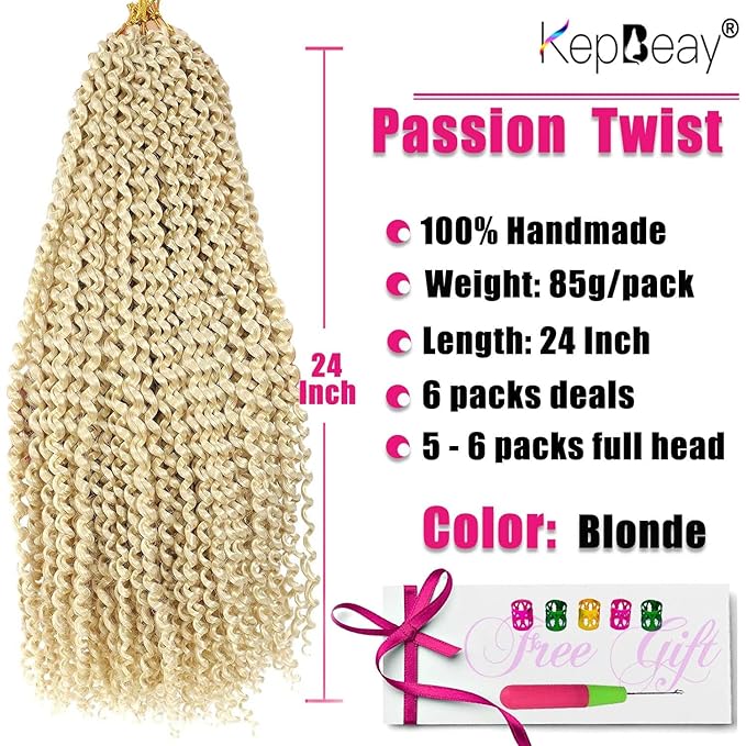 Passion Twist Hair 24Inch 6Packs Passion Twist Crochet Hair Blonde Water Wave Crochet Hair (24 Inch (Pack of 6) 613#) …