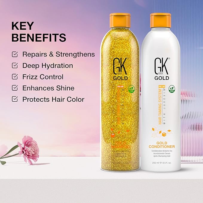 GK Hair Gold Shampoo and Conditioner Set for Daily Use Gentle Fragrance with Keratin Argan Oil Aloe Vera and Shea Butter Hydrates Adds Shine Reduces Frizz for Dry and Damaged Hair